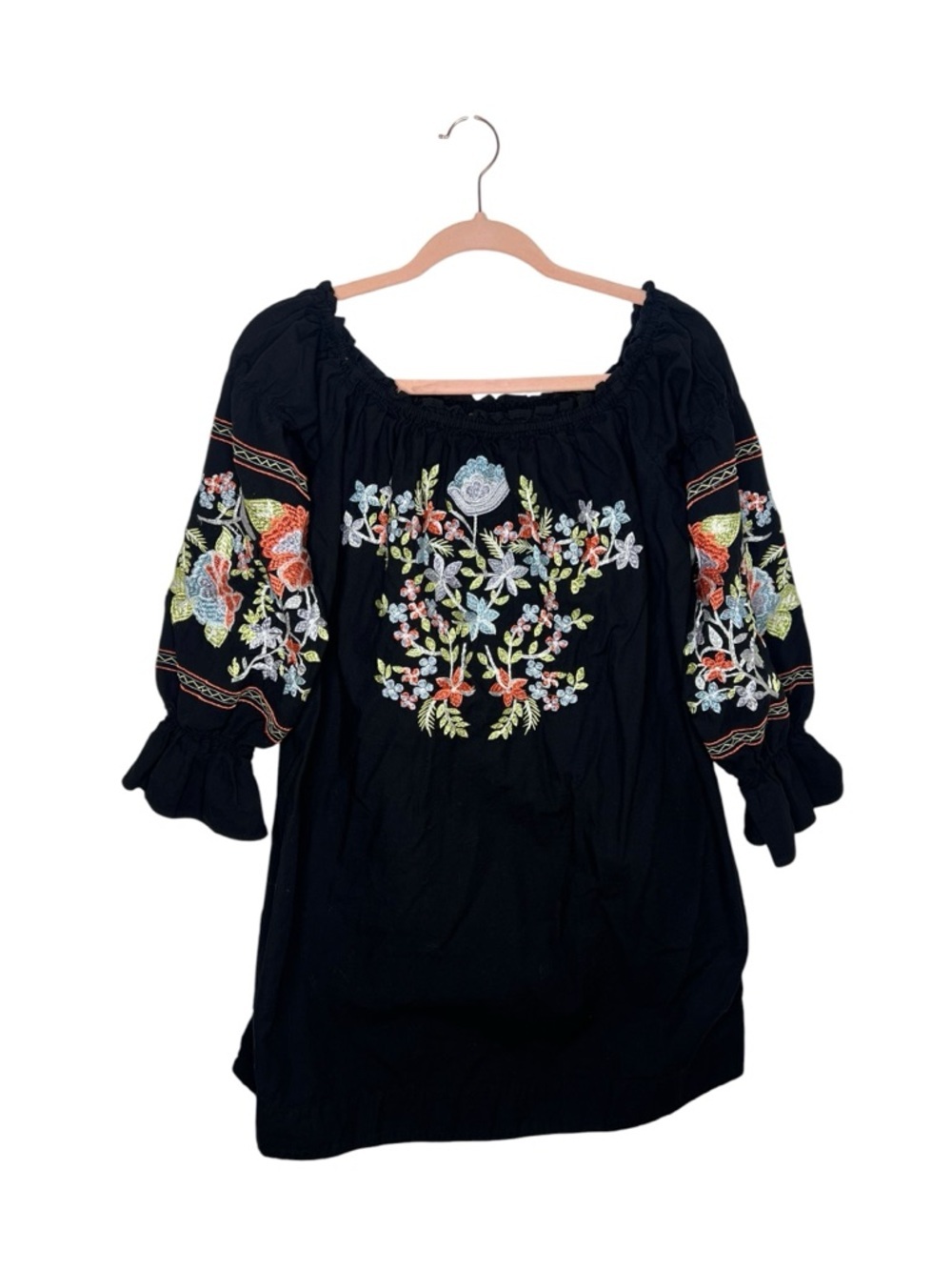Free People Fleur Du Jour Embroidered Mini Dress Black Boho Peasant Puff Sleeve
